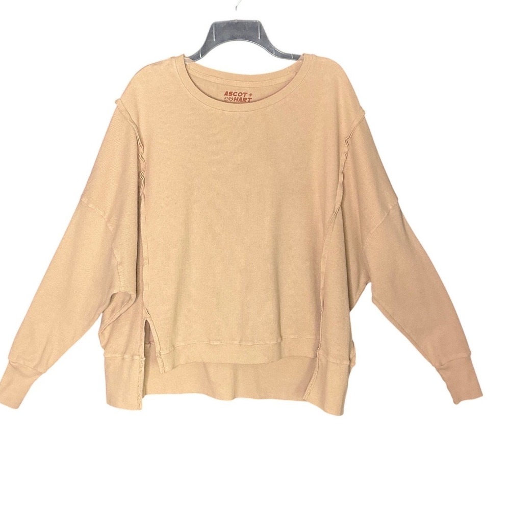 Ascot + Hart Waffle Knit Pullover Sweatshirt M Beige Raw Hem Coastal Casual